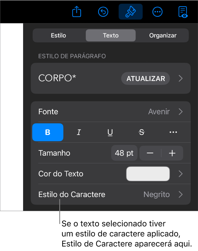 Os controles de formatação de texto com “Estilo de Caractere” abaixo dos controles de cor. O estilo de caractere Nenhum aparece com um asterisco.
