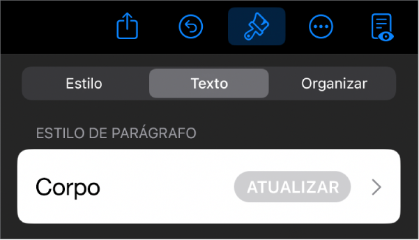 Um estilo de parágrafo com um asterisco ao lado e um botão Atualizar à direita.