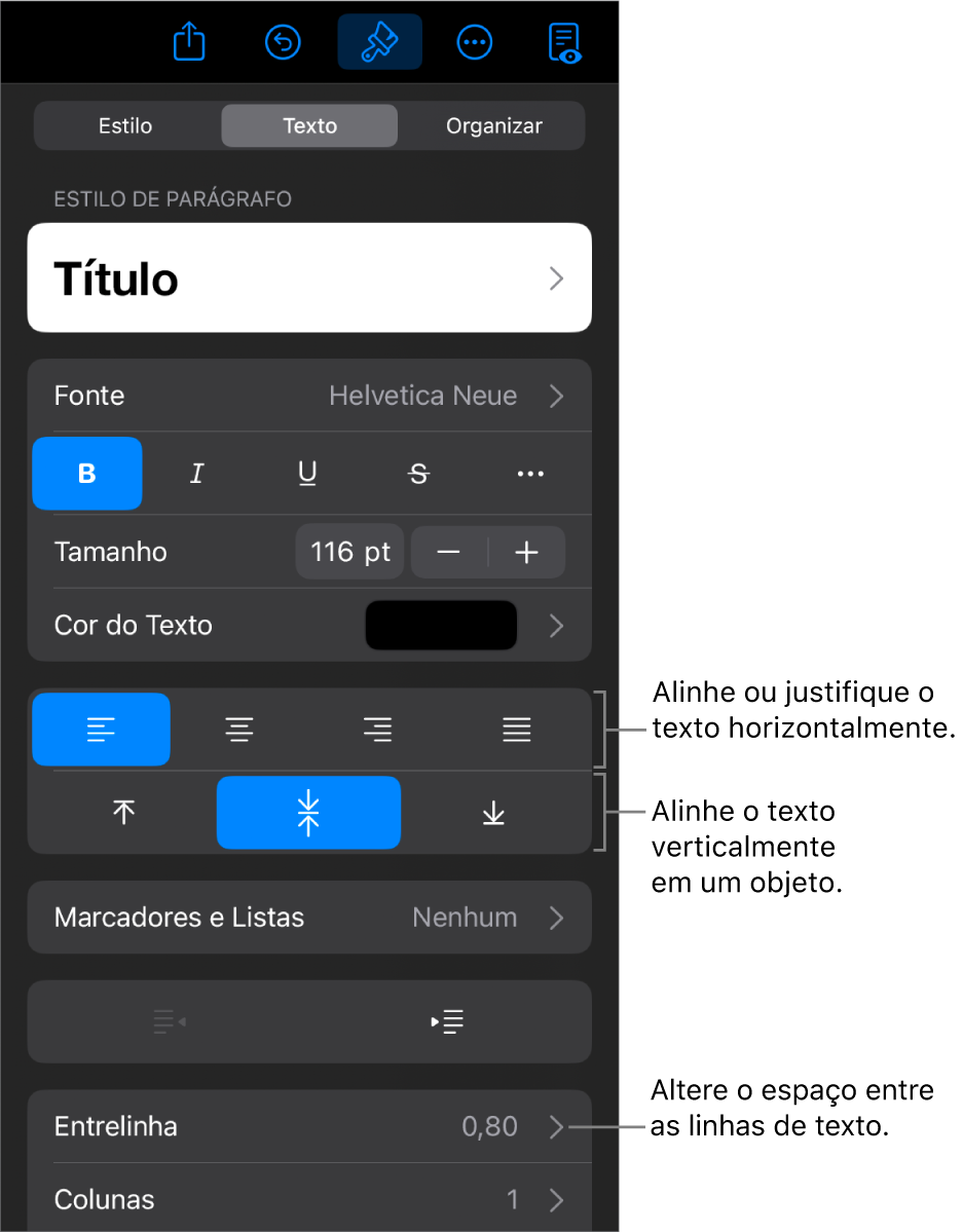Painel Layout, com chamadas para os botões de alinhamento e espacejamento de texto.