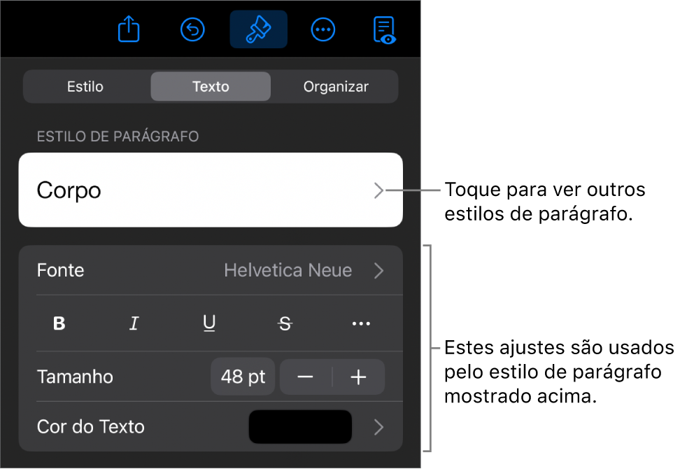 O menu Formatar, mostrando controles de texto para definir estilo, fonte, tamanho e cor de caractere e parágrafo.