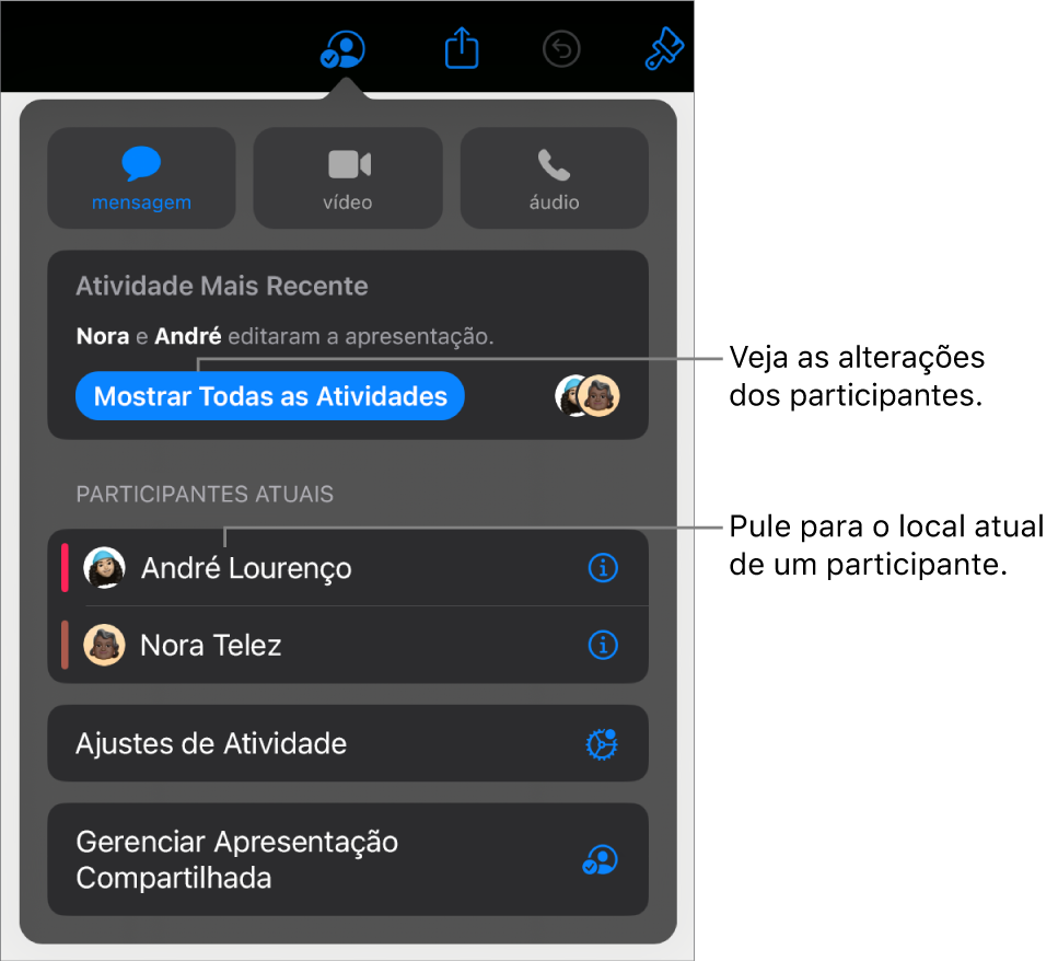 Menu de colaboração com participantes atuais listados.
