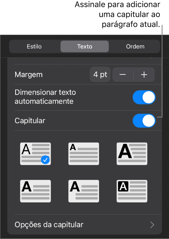 Os controlos de "Capitular” no menu “Texto”.