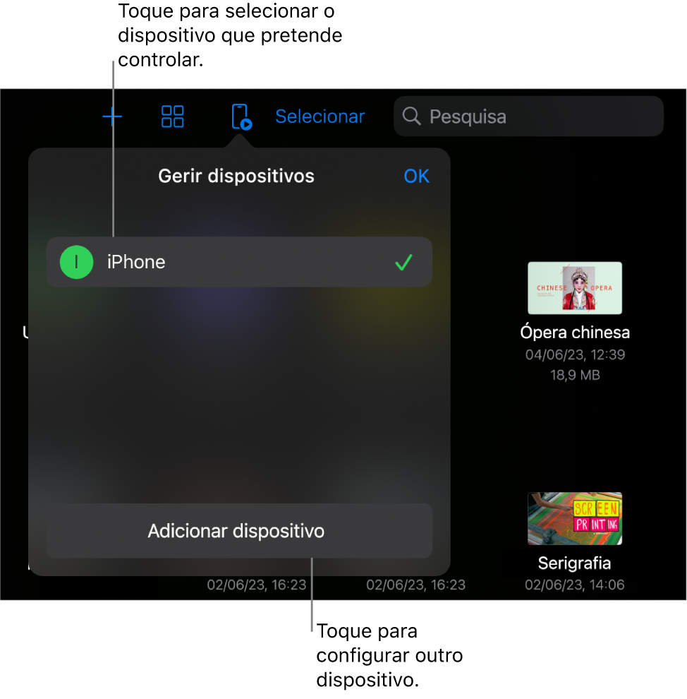 O pop-over “Gerir dispositivos”, mostrando a hiperligação “Adicionar um dispositivo”.