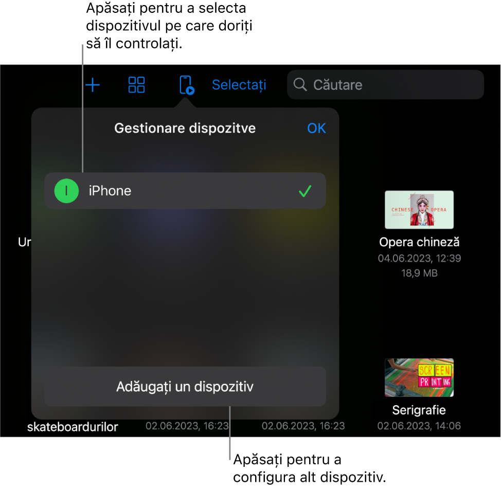 Pop‑overul Gestionare dispozitive afișând linkul de adăugare a unui dispozitiv.