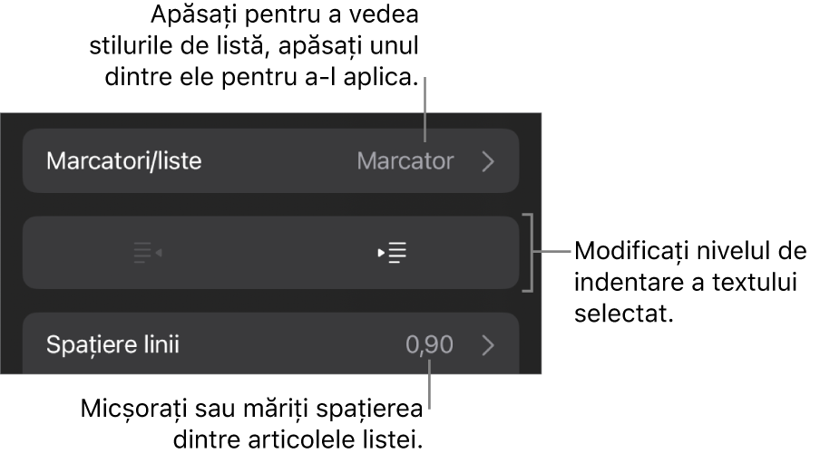 Secțiunea Marcatori/liste din comenzile Format cu explicații pentru Marcatori/liste, butoanele de indentare și indentare exterioară, precum și comenzile pentru spațierea liniilor.