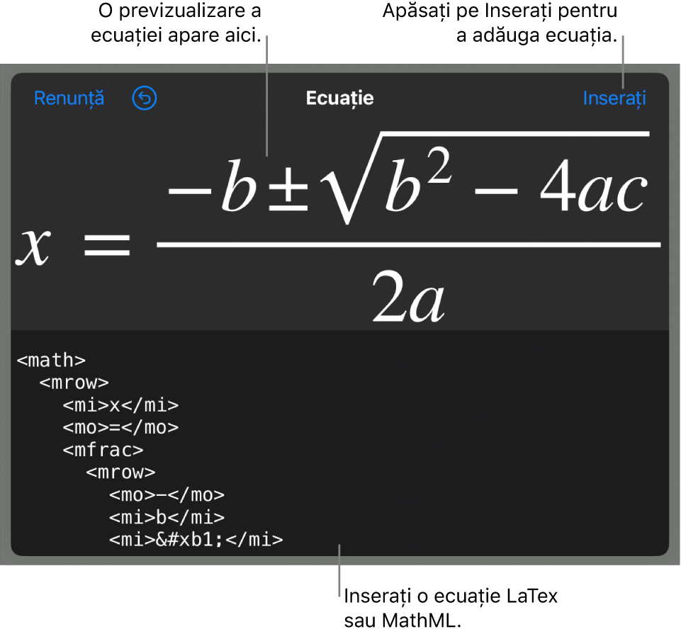 Caseta de dialog Ecuație, afișând o ecuație scrisă cu ajutorul comenzilor MathML și, deasupra, o previzualizare a formulei.