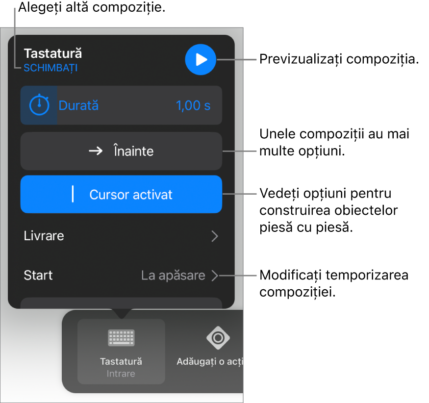 Opțiunile de compoziție includ Durata, Livrare și Începere temporizare. Apăsați Schimbați pentru a alege o altă compoziție sau apăsați Preafișează pentru a previzualiza compoziția.