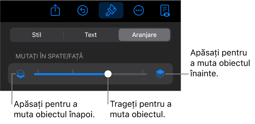 Butonul Deplasare înapoi, butonul Deplasare înainte și glisorul pentru straturi.