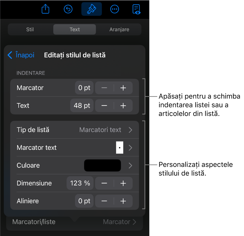 Meniul de editare a stilului de listă cu comenzile pentru editarea tipului și aspectului listei.