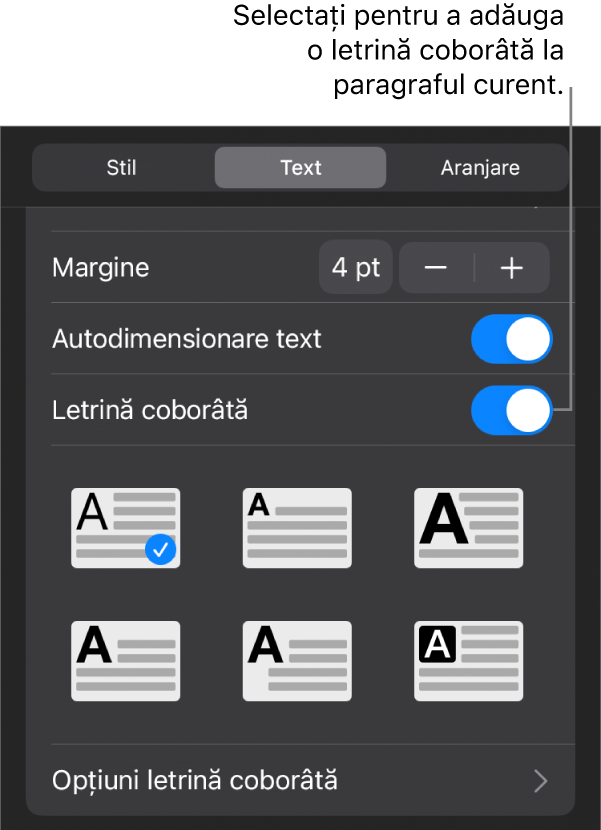 Comenzile Letrină coborâtă situate în meniul Text.