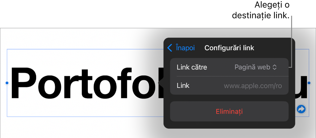 Comenzile Configurări link cu opțiunea Pagină web selectată și butonul Eliminați în partea de jos.