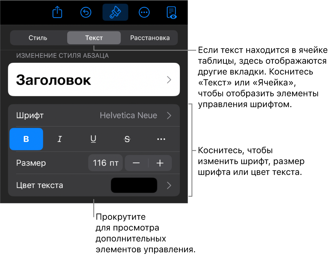 Элементы управления текстом в меню «Формат» для настройки стилей абзацев и символов, шрифта, размера и цвета.