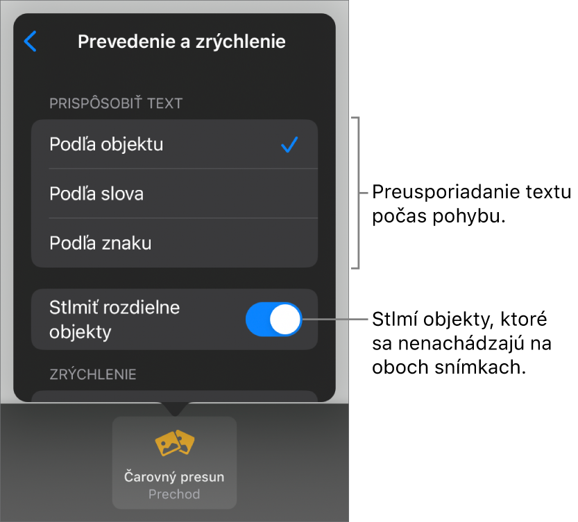 Možnosti doručenia a zrýchlenia pre Čarovný presun v paneli Zrýchlenie.