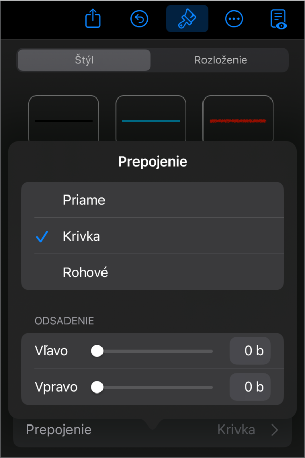 Ovládacie prvky Spojenie s vybranou možnosťou Krivka.