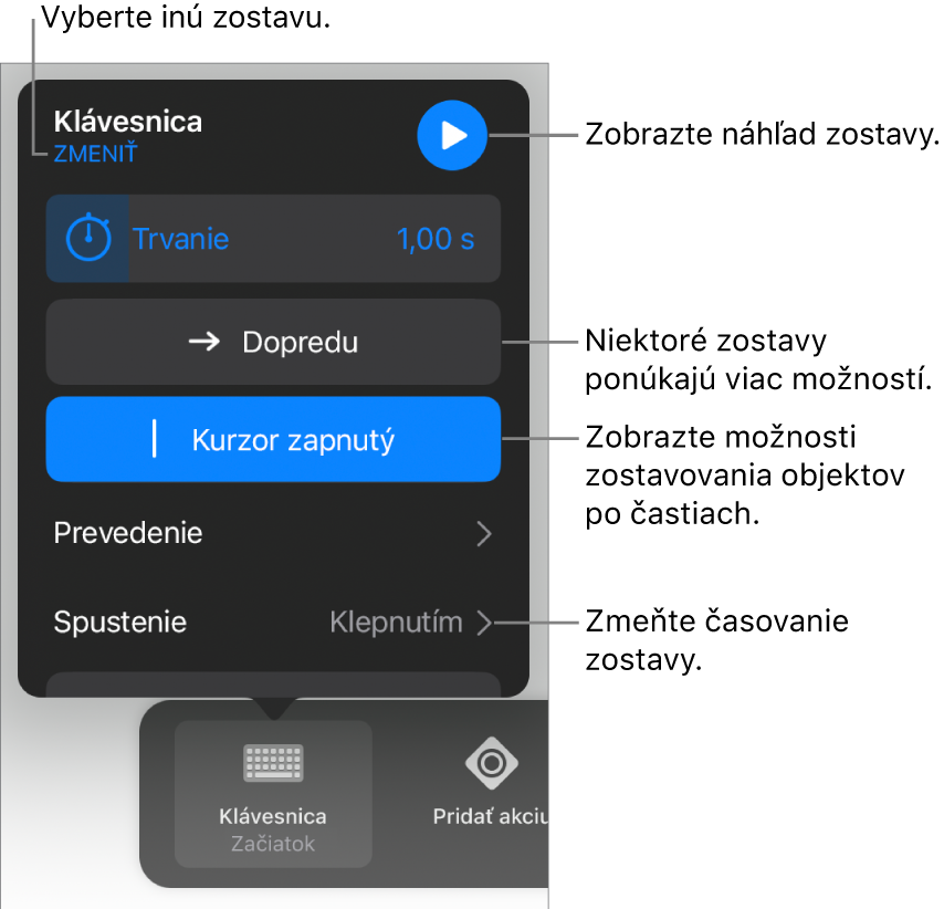 Možnosti zostavy zahŕňajú trvanie, doručenie a časovanie začiatku. Ak chcete vybrať inú zostavu, klepnite na Zmeniť. Klepnutím na Náhľad zobrazíte náhľad zostavy.