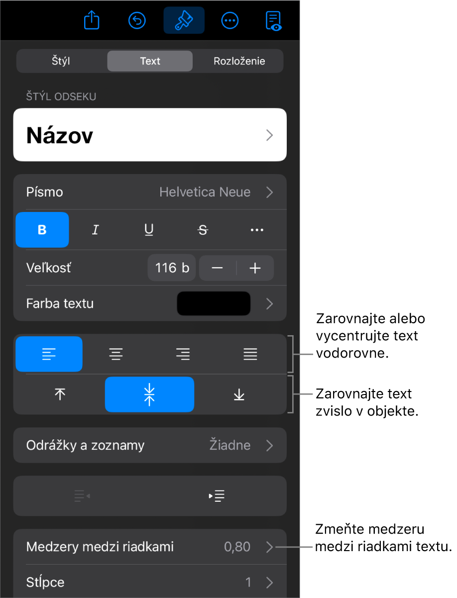 Panel Rozloženie s bublinami popisujúcimi tlačidlá zarovnania textu a tlačidlá na nastavenie medzier.
