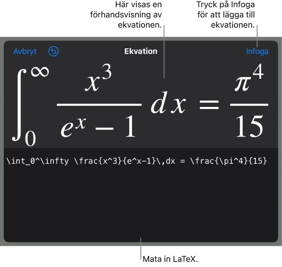 Dialogrutan Ekvation visar en ekvation som skrivits med LaTex-kommandon och en förhandsvisning av formeln ovanför den.