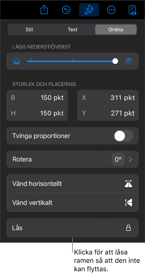 Ordna-reglagen i menyn Format med knappen Lås markerad.
