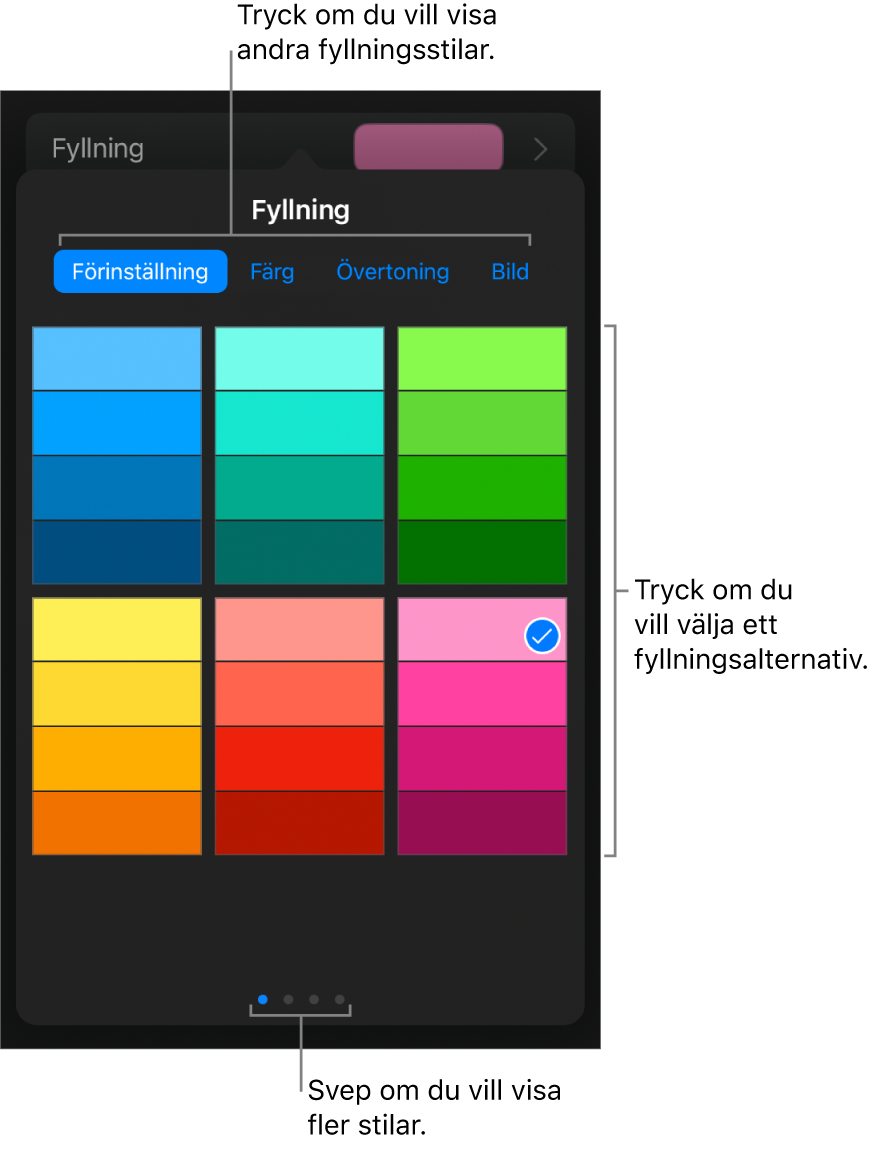 Fyllningsalternativ på fliken Stil.
