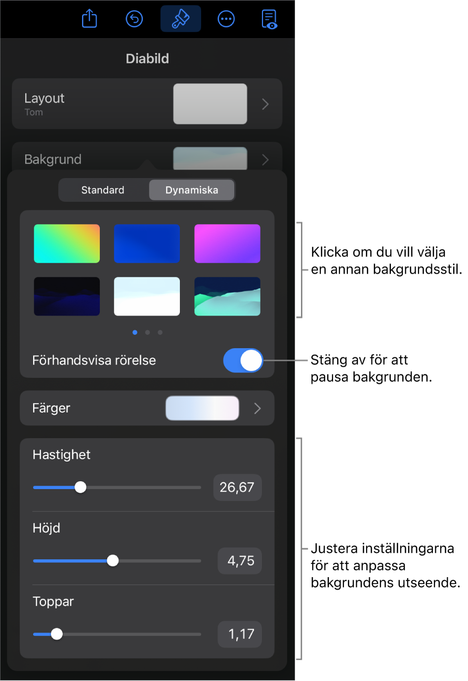 Reglagen för dynamiska bakgrunder med miniatyrer för bakgrundsstilar och knappen Förhandsvisa rörelse och reglage för anpassning synliga.