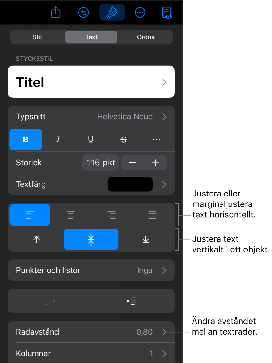 Panelen Layout med linjer som pekar på knapparna för textjustering och mellanrum.