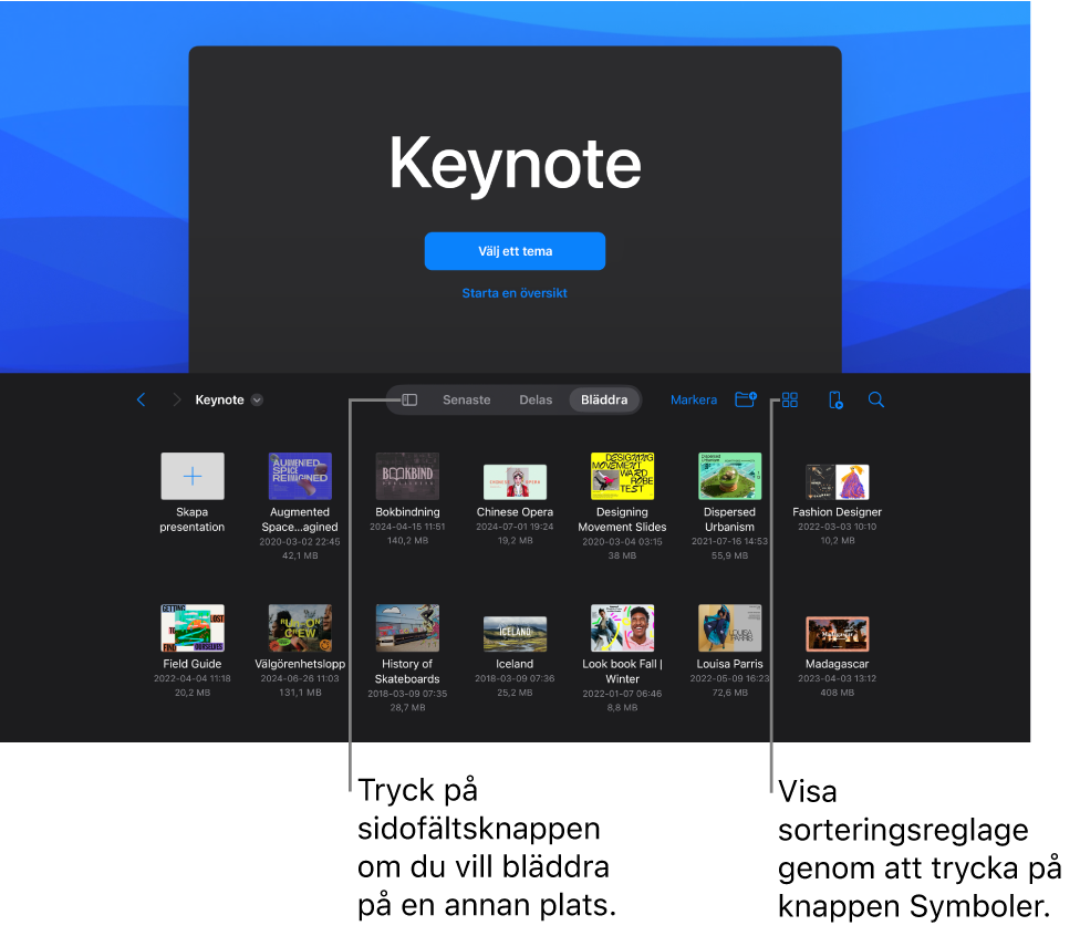 Dokumenthanteraren i Keynote med knappar för att välja ett tema och starta en presentation från en översikt i den övre skärmhalvan och dokumentbläddraren med delade presentationer nedtill.