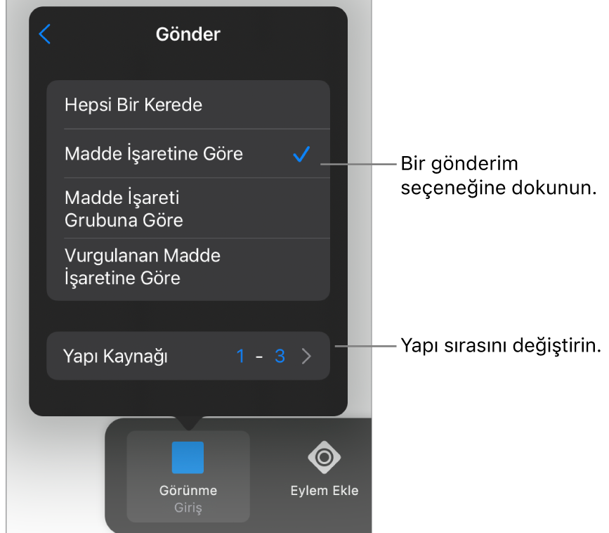 İçeride Oluştur bölmesindeki gönderim seçenekleri.