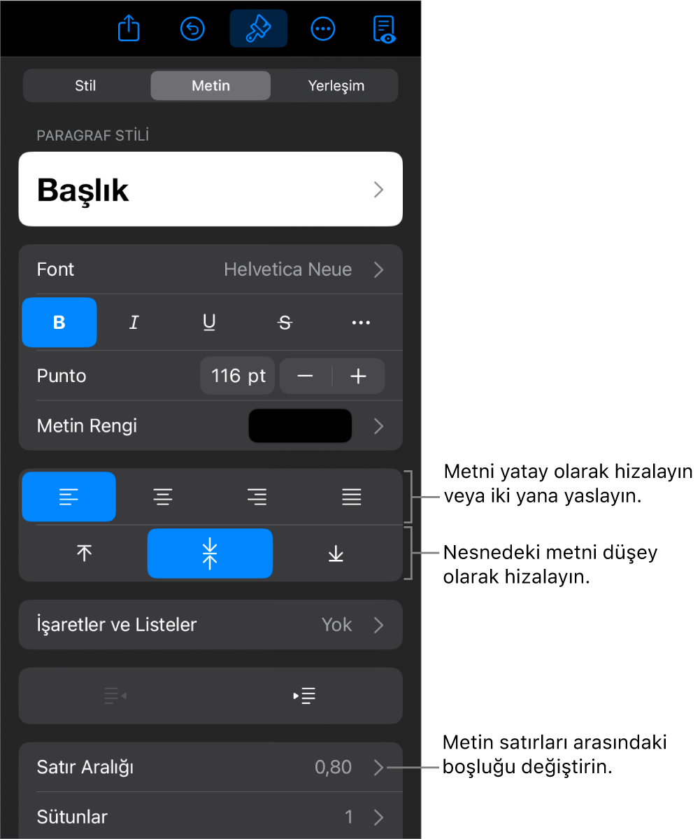 Metin hizalama ve aralık düğmelerine belirtimler gösteren Yerleşim bölmesi.