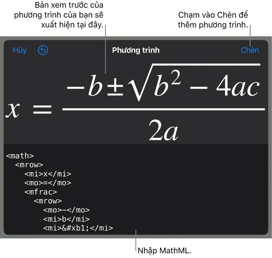 Hộp thoại Phương trình, đang hiển thị phương trình được viết bằng các lệnh MathML và bản xem trước của công thức ở bên trên.
