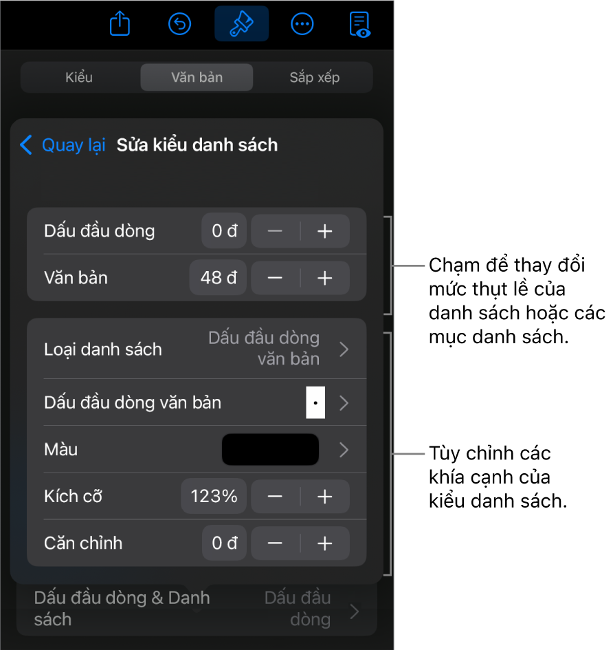 Menu Sửa kiểu danh sách với các điều khiển để sửa loại và giao diện của danh sách.