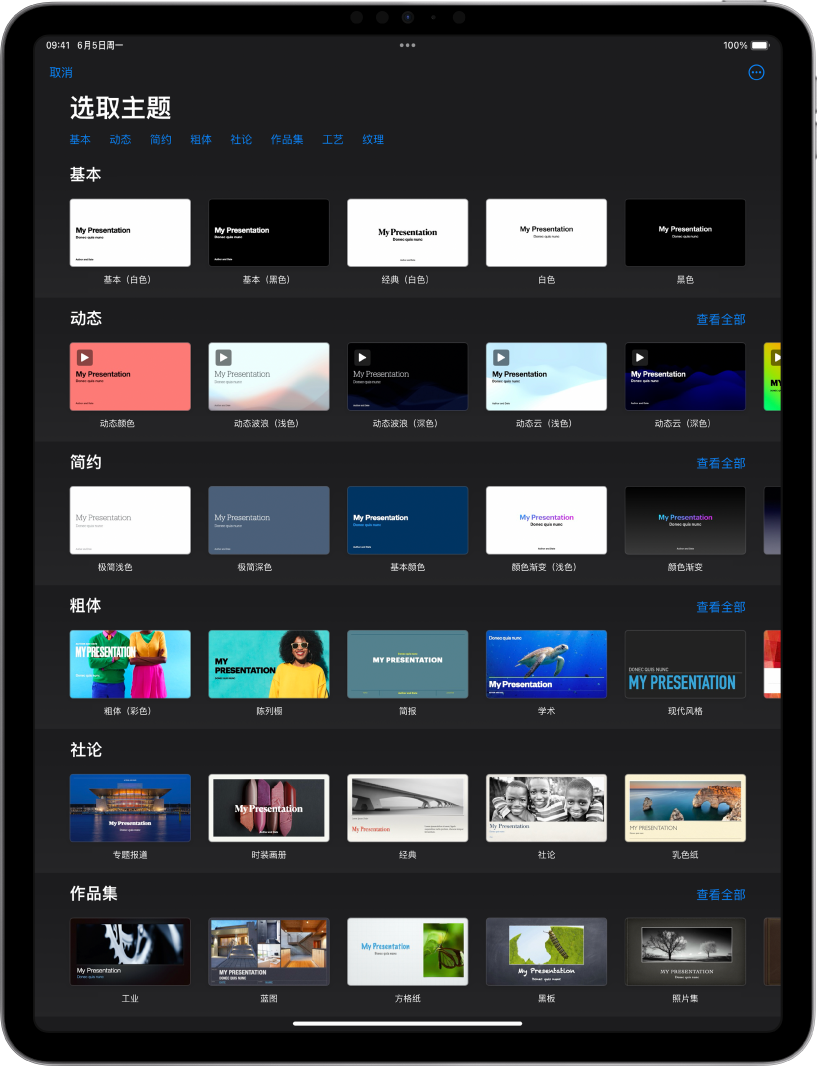 主题选取器,顶部一行显示类别,你可以轻点以过滤选项。下方是预设计主题的缩略图,按类别排列成行。