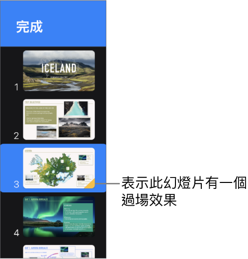 投影片上的黃色三角形表示該投影片包括過場效果。