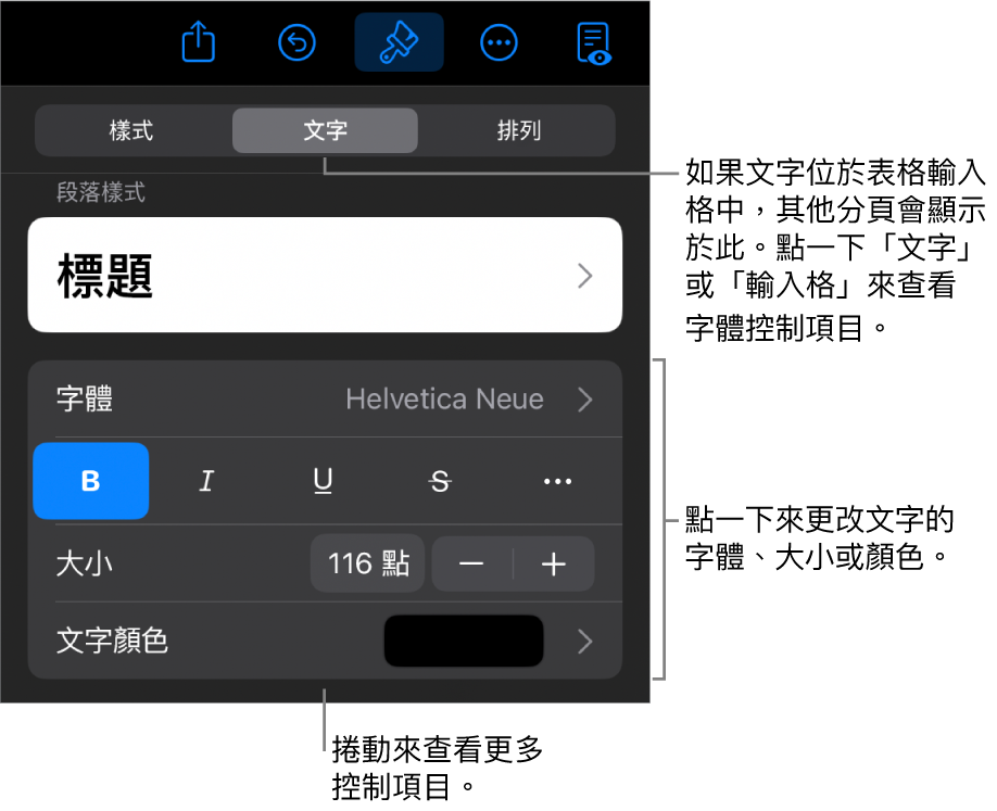 「格式」選單中設定段落及字元樣式、字體、大小和顏色的文字控制項目。