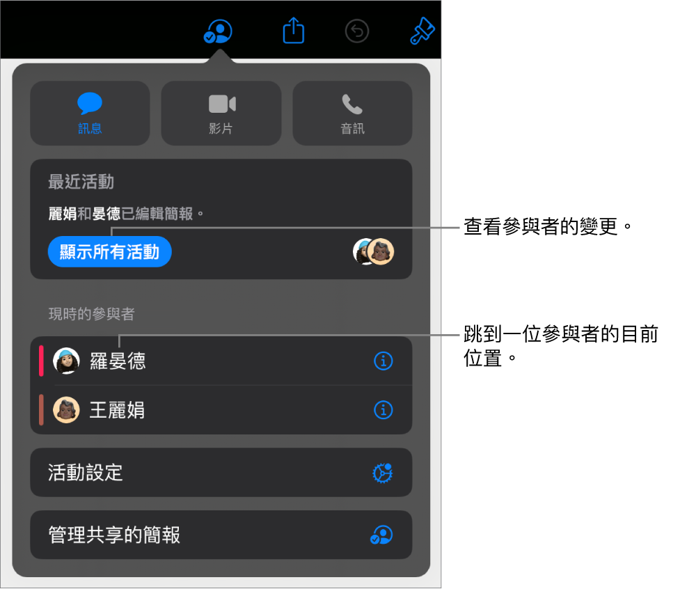 共同編輯選單,其中列出目前的參與者。