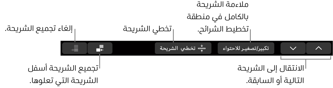 شريط اللمس في MacBook Pro به عناصر التحكم الخاصة بالتنقل إلى الشريحة التالية أو السابقة، وملاءمة الشريحة في منطقة تخطيط الشرائح، وتخطي الشريحة، وتجميع أو إلغاء تجميع الشرائح.