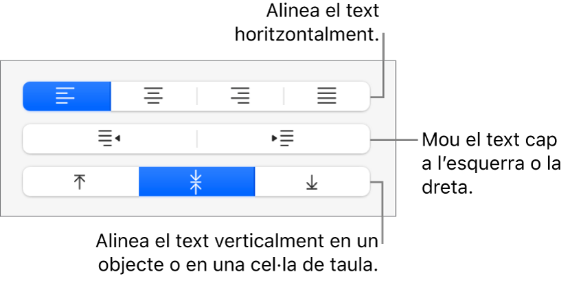 La secció Alineació de la barra lateral, amb botons per alinear el text horitzontalment, moure’l a l’esquerra o la dreta i alinear-lo verticalment.