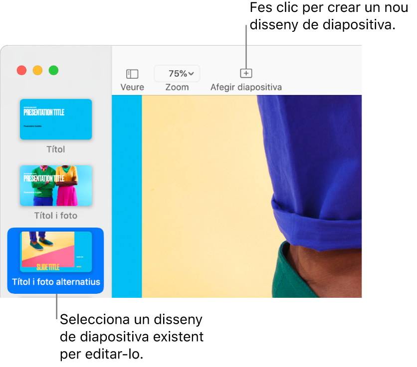 Un disseny de diapositiva mostrat a l’àrea de disseny de diapositiva amb el botó “Afegeix una diapositiva” al damunt, a la barra d’eines.