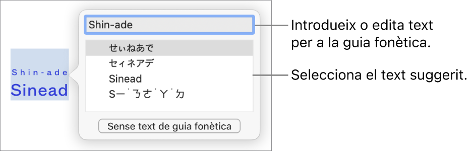 La guia fonètica, oberta per a una paraula, amb llegendes per al camp de text i el text suggerit.