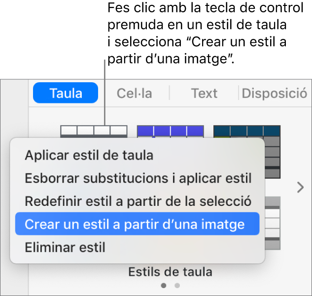 El menú de dreceres “Estil de taula”.