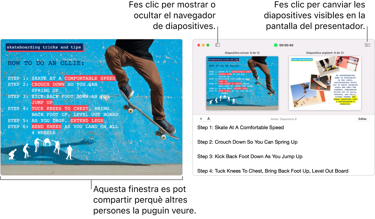 Presentació del Keynote en una finestra, amb la pantalla del presentador en una segona finestra que conté el navegador de diapositives, les notes del presentador i la previsualització de diapositiva.