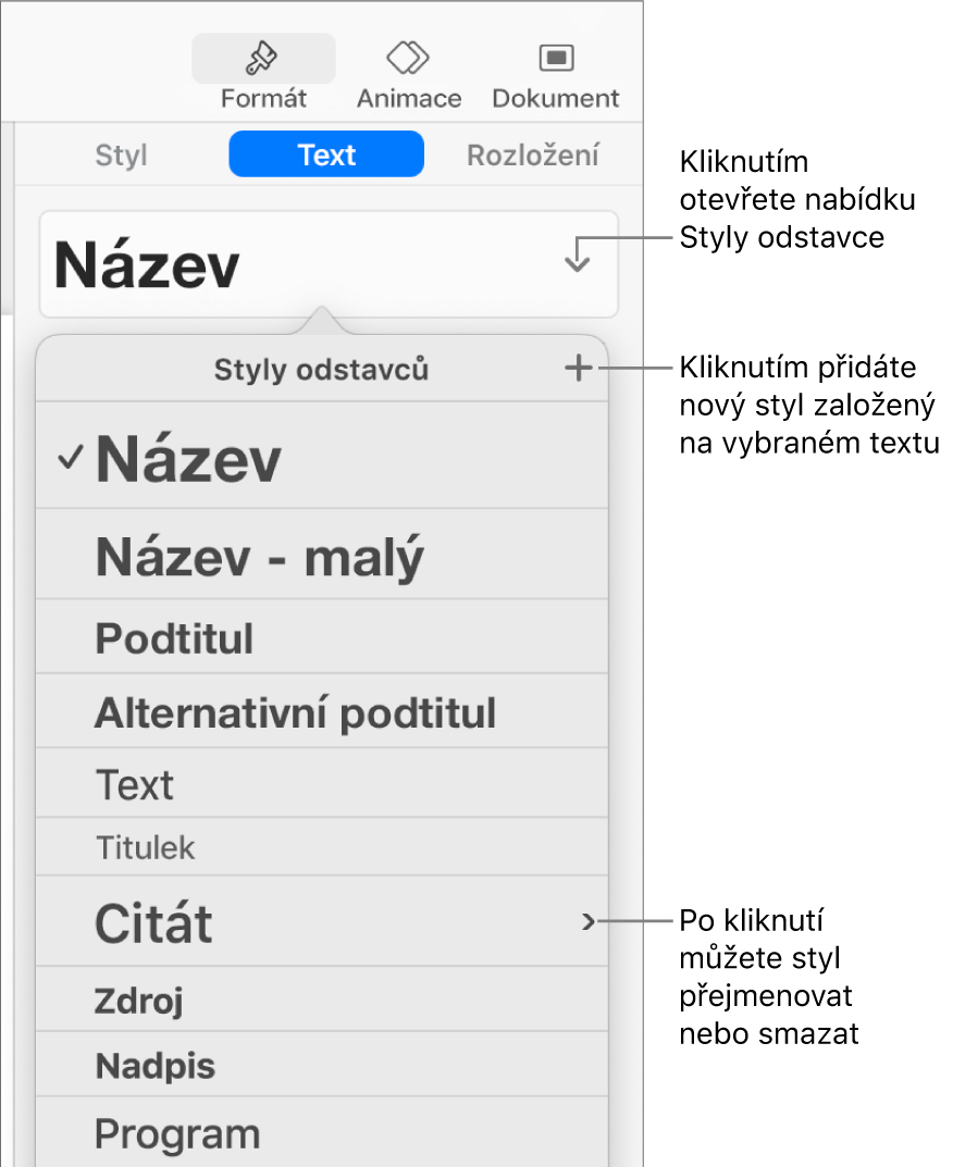 Nabídka Styly odstavců s ovládacími prvky pro přidání nebo změnu stylu