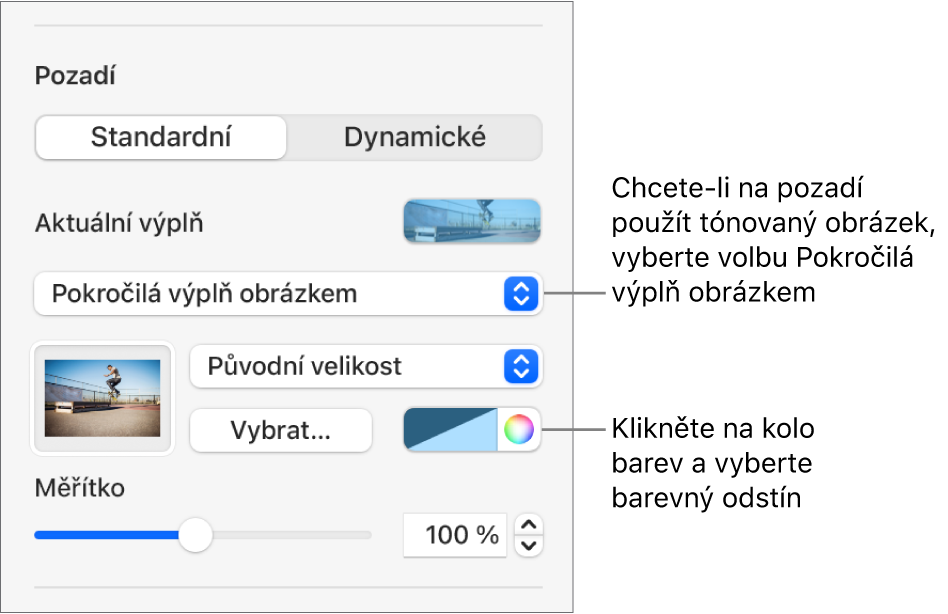Ovládací prvky Pozadí s vyznačenou volbou Pokročilá výplň obrázkem která je nastavená jako pozadí snímku
