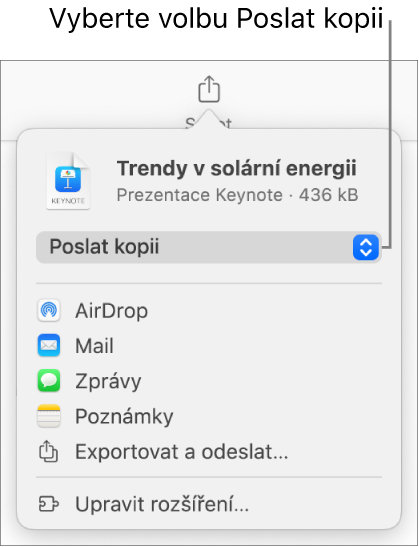 Nabídka sdílení, v níž je nahoře vybraná volba Poslat kopii