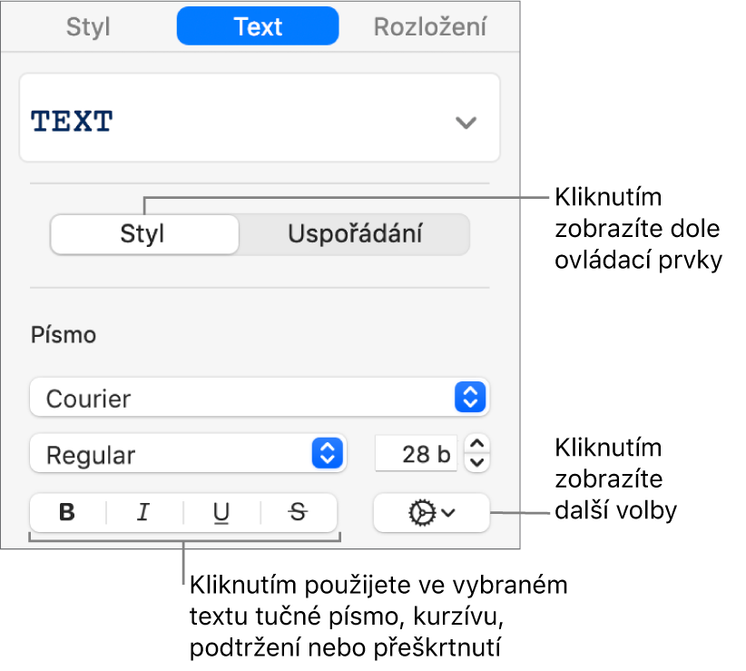 Ovládací prvky stylu na bočním panelu s popisky tlačítek Tučné, Kurzíva, Podtržené a Přeškrtnuté