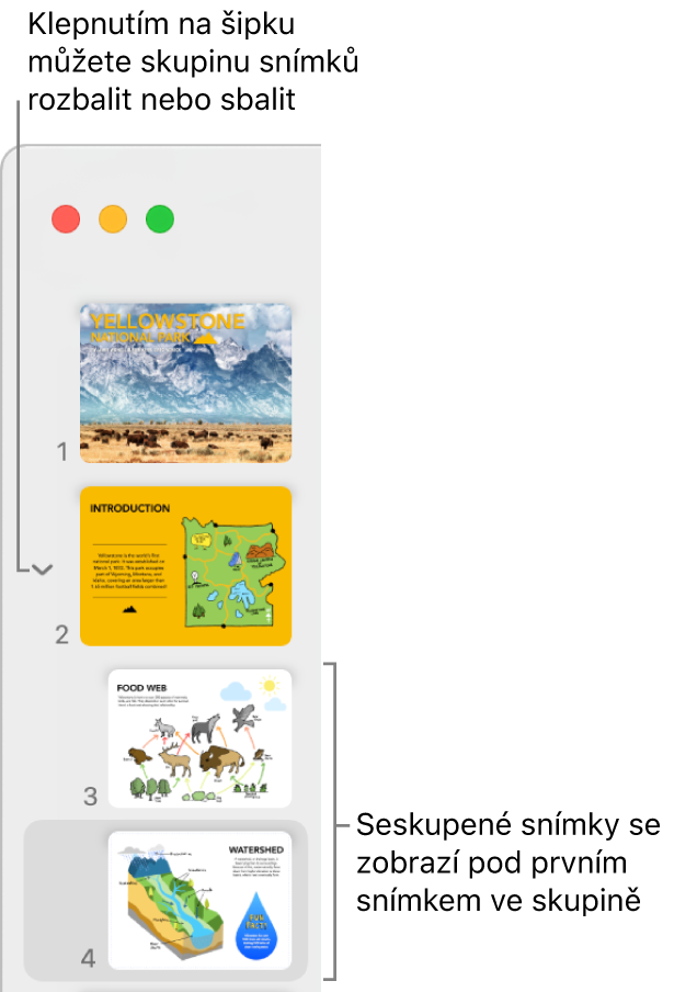 Navigátor snímků s odsazenými snímky