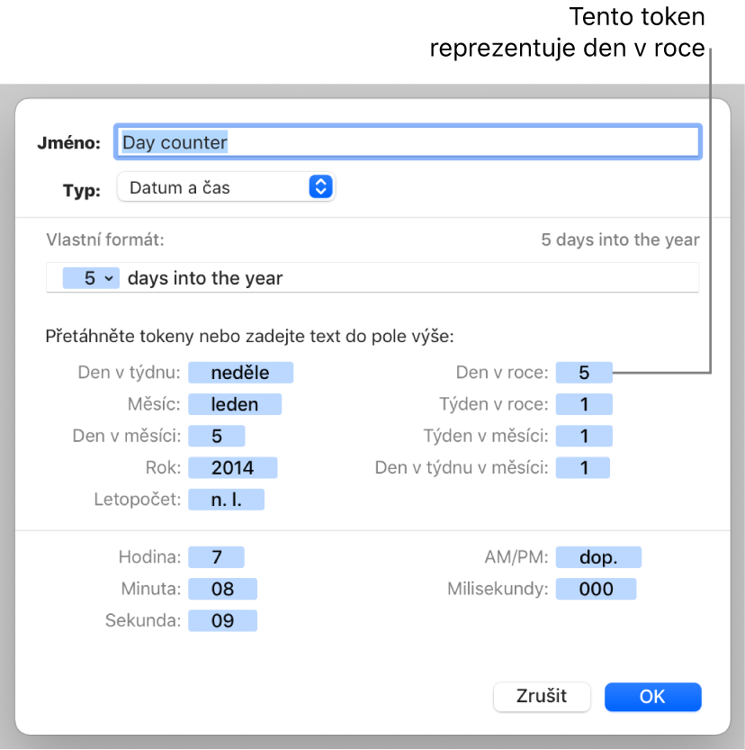 Okno vlastního formátu buněk s ovládacími prvky pro vytvoření vlastního formátu data a času