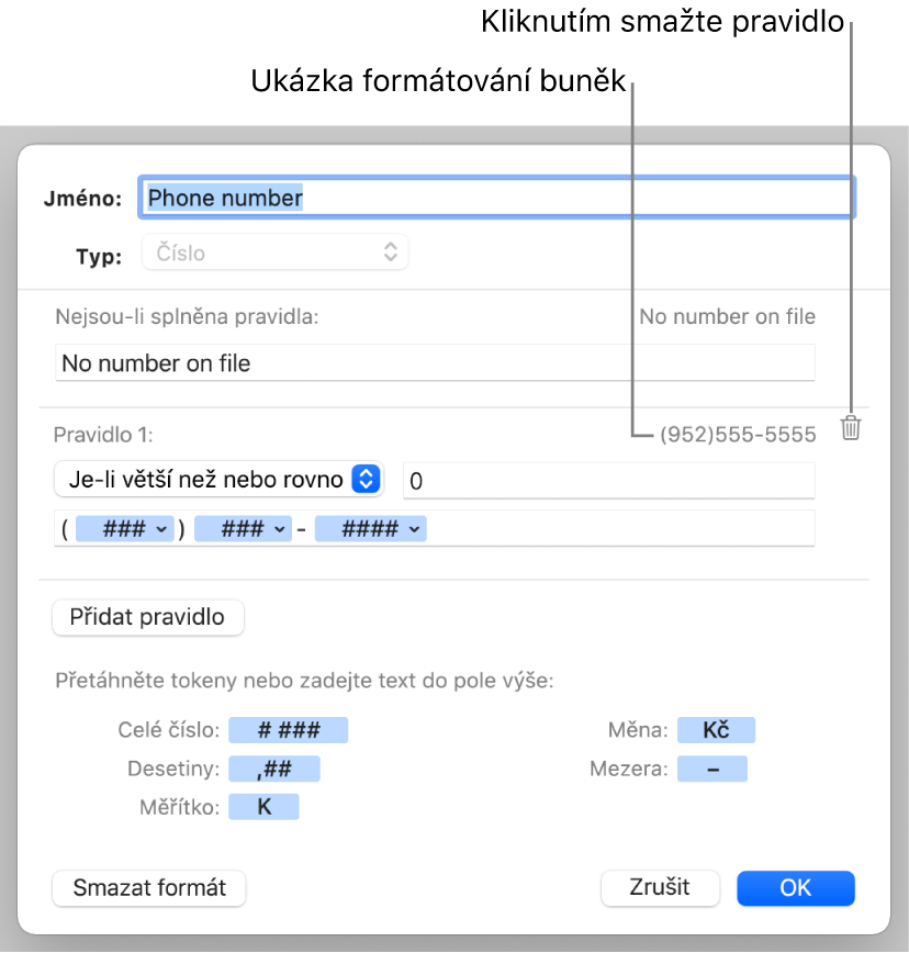 Vlastní formát buněk obsahujících čísla s pravidly