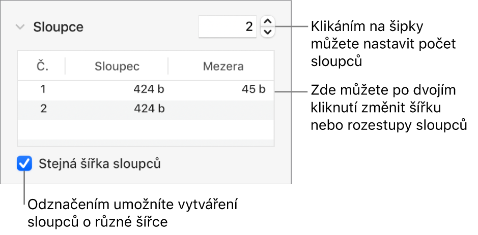 Ovládací prvky v oddílu Sloupce pro změnu počtu sloupců a šířky každého sloupce