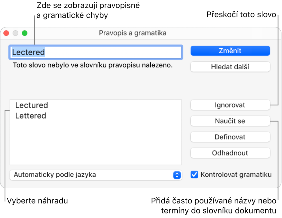 Okno Pravopis a gramatika