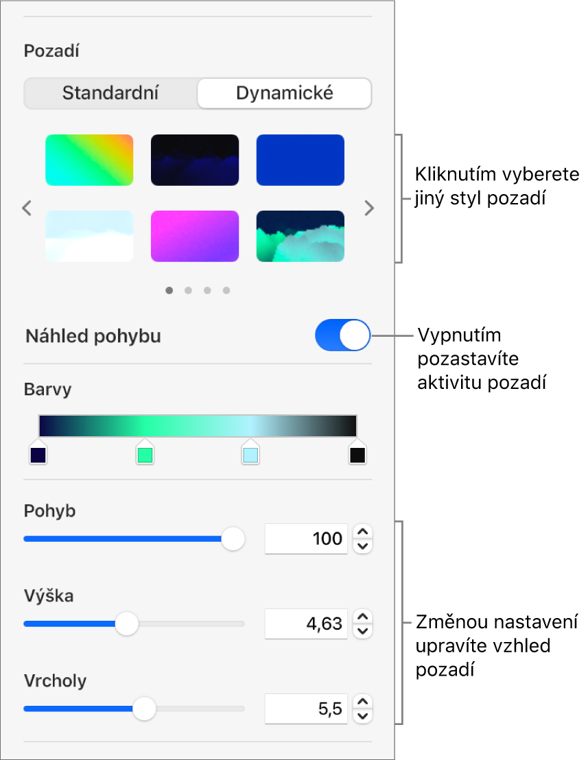 V oddílu Pozadí na bočním panelu Formát se zobrazenými dynamickými styly pozadí, ovládacím prvkem Náhled pohybu a ovládacími prvky vzhledu je vybráno tlačítko Dynamické